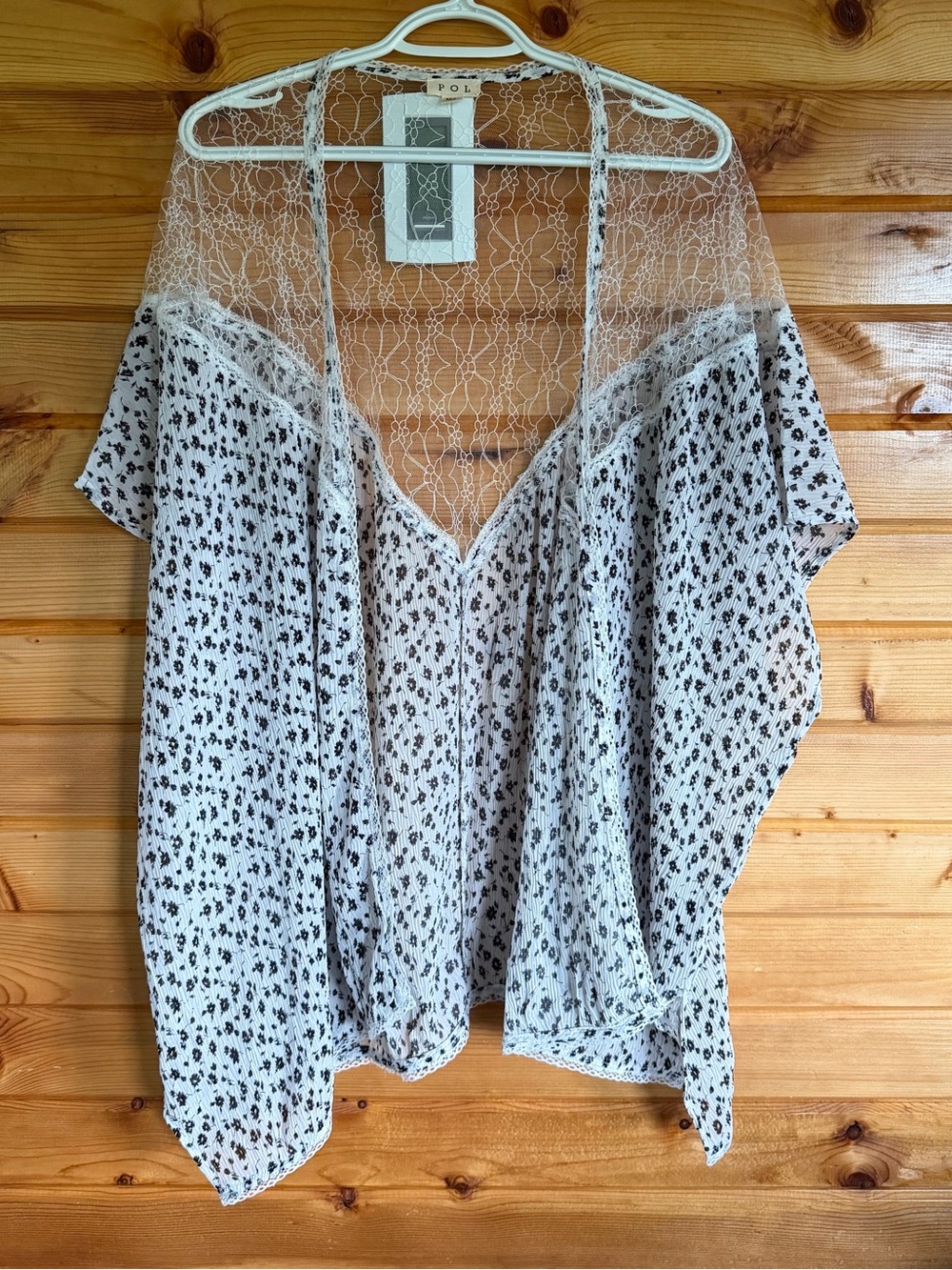 POL White Sheer Lace-Trim Open Front Kimono with Black Floral Print